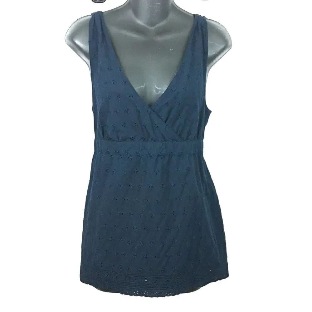Vintage Tommy Hilfiger Navy Eyelet V Neck Belted Top Size Large